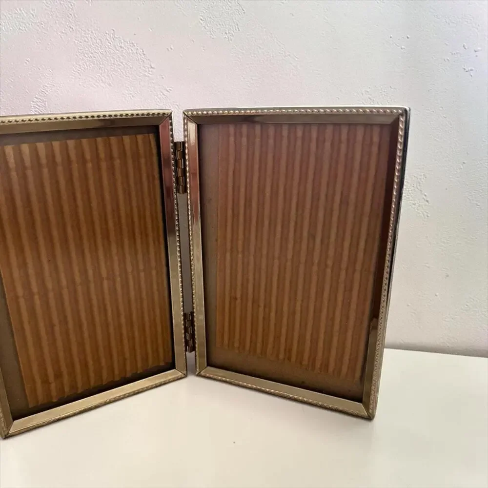 Vintage Gold Tone Double Hinged Picture Frame | Mini Dual 2.5 x 3.5 Inch Photo